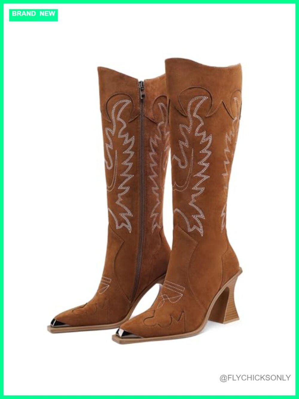 Western Knee High Square Toe Embroidered Heeled Boots Faux Suede Zip